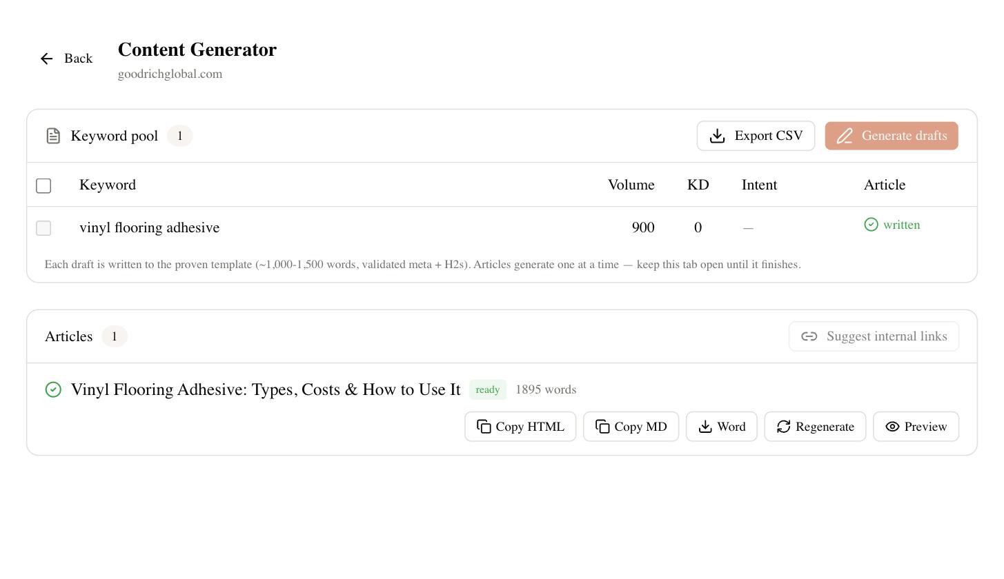 SEO Rocket Content Generator showing a ready SEO article draft with title and word count