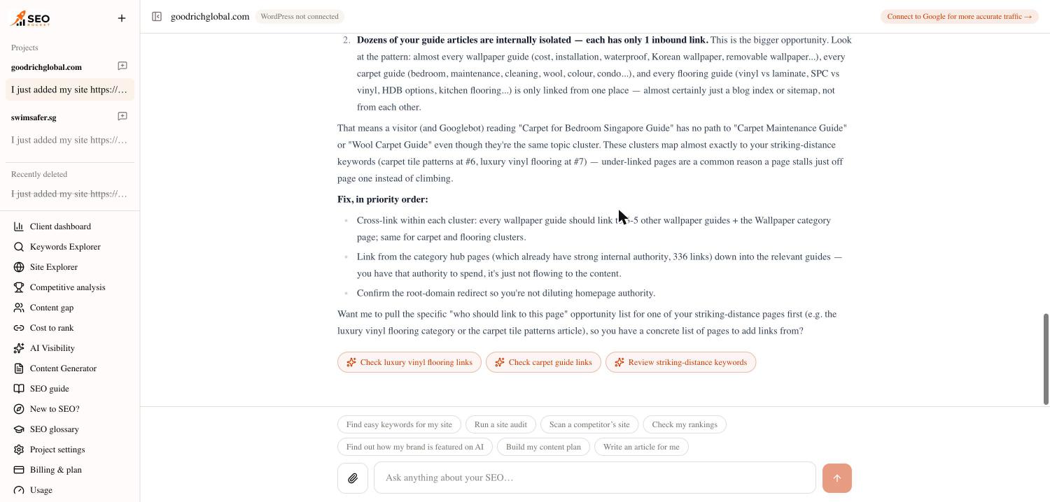 SEO Rocket internal-link analysis showing isolated guide pages and cross-linking opportunities