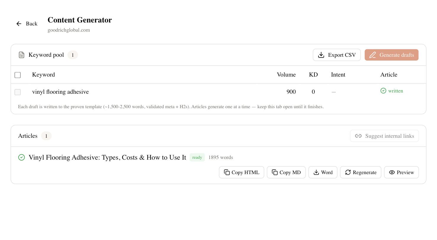Content Generator in SEO Rocket — an AI-written, validated article draft.