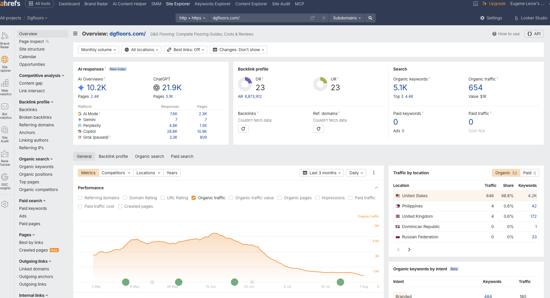 Ahrefs Site Explorer overview showing Domain Rating, organic keywords and organic traffic for a site